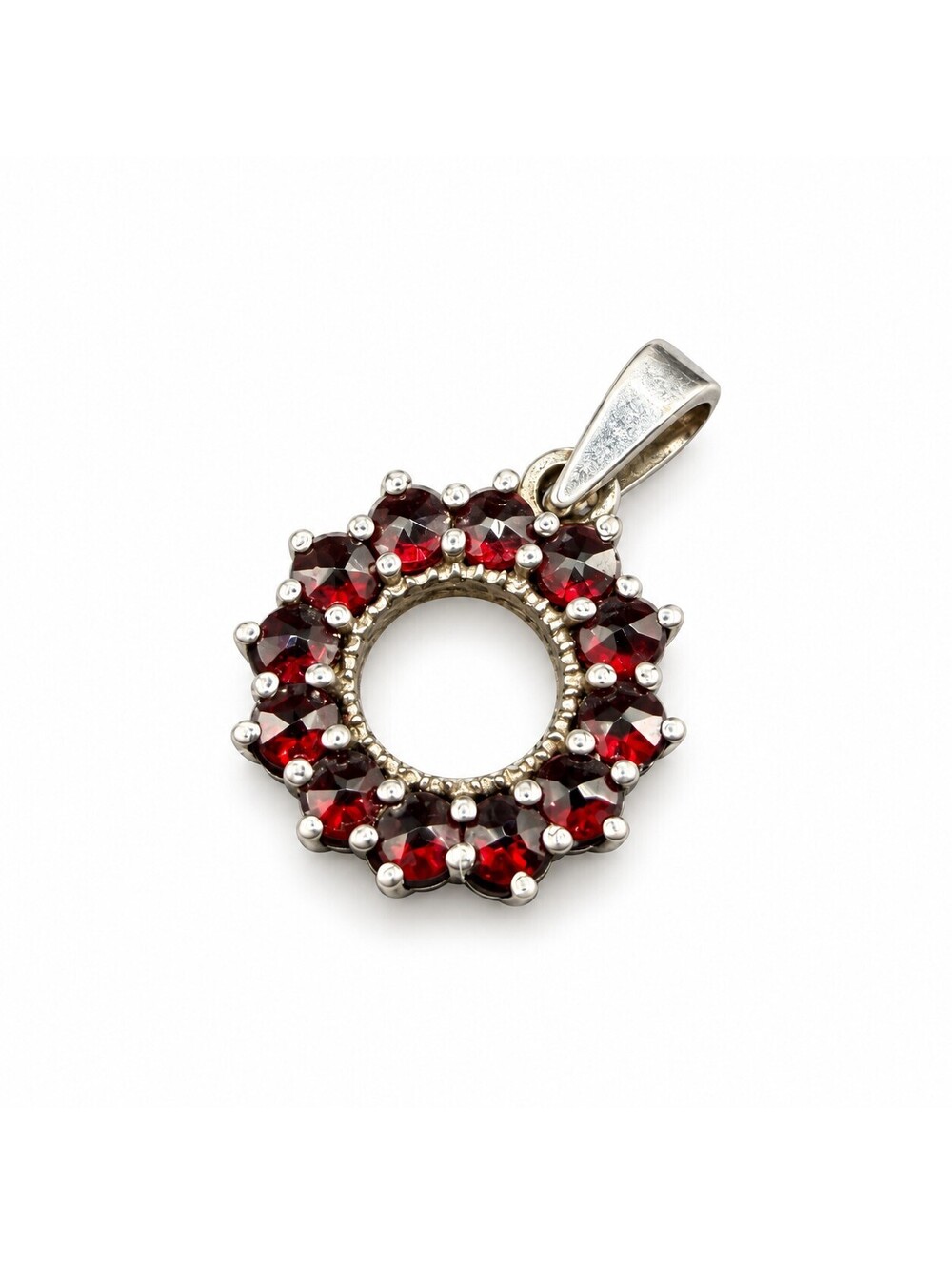 Vintage 925 Sterling Silver Red Gemstone Garnet Style Circle Pendant 1.35g